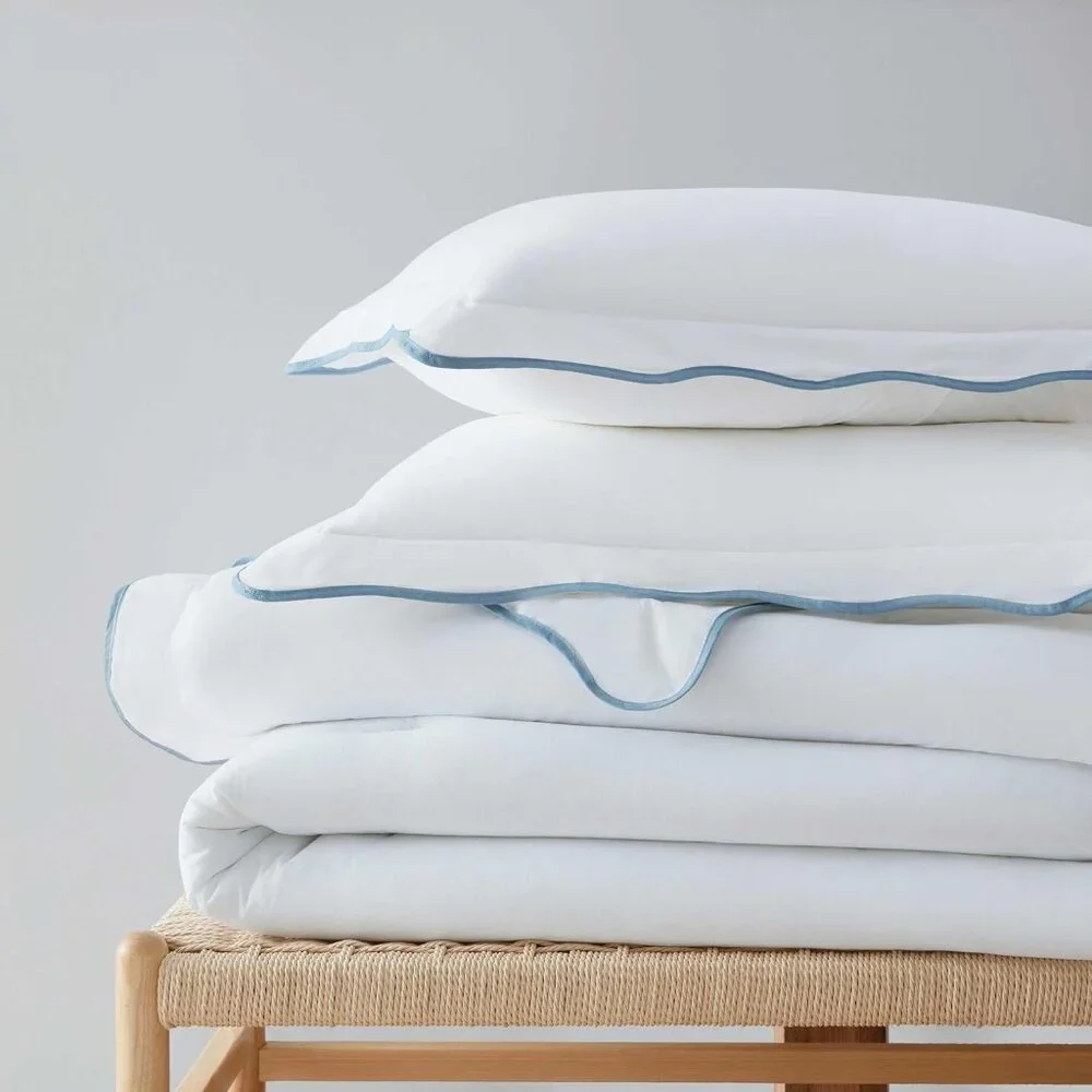 NEW Martha Stewart Cotton Percale 3 Piece King Comforter Set Blue Scallop